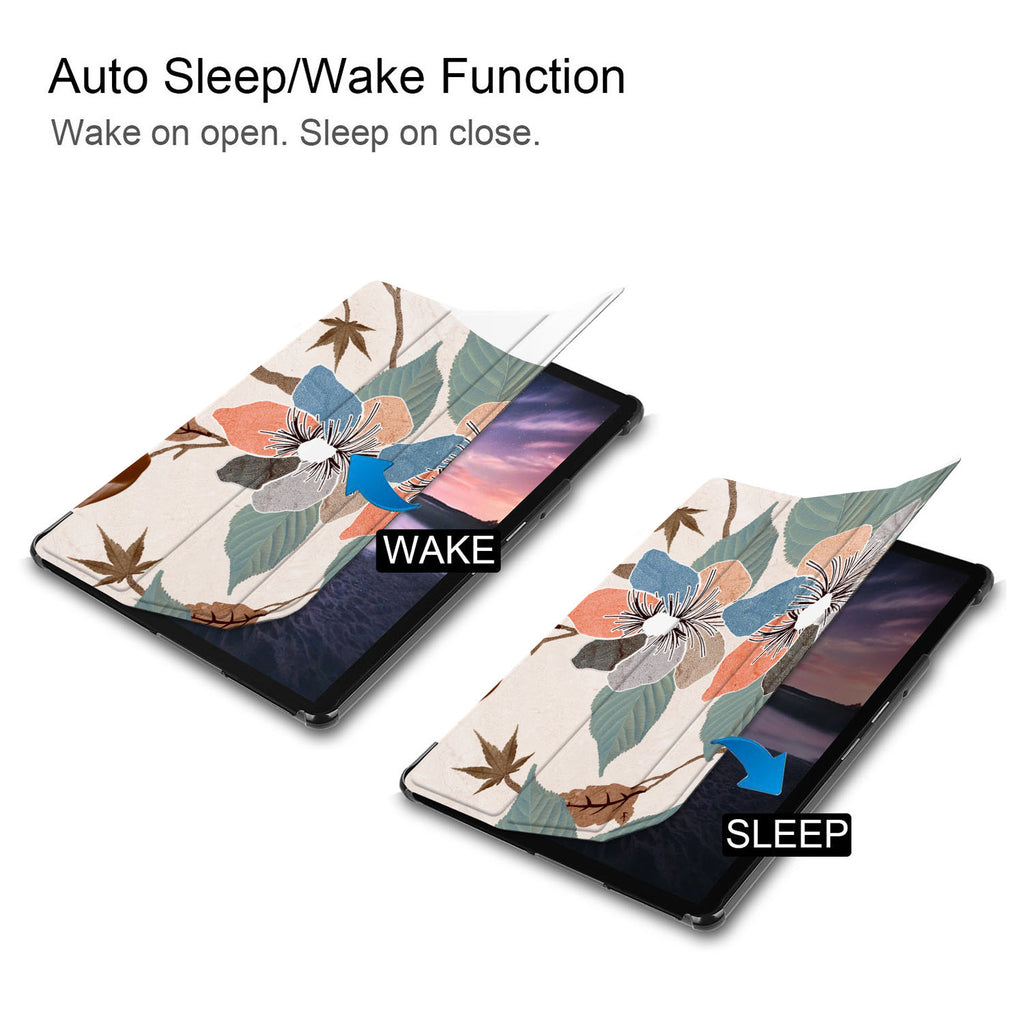 It automatically wakes your iPad when opened and sends it to sleep when closed with Artistic Flower design