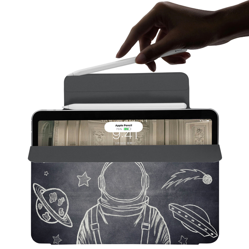 the VistaCase Personalized iPad Slim Fit Case with Astronaut Space design,  The case includes built-in storage and a cutout for easy magnetic attachment of your Pencil, ensuring it's always within reach.
