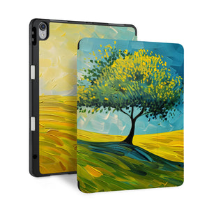 front and back view of personalized iPad case with pencil holder and Tree Painting design